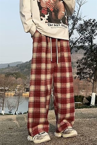 GX370P45春秋格子男女情侣高腰垂感阔腿裤休闲抽绳运动长裤图片