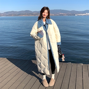 设计感白色菱格长款羽绒服女冬2024新款加厚牛仔假两件白鸭绒外套图片