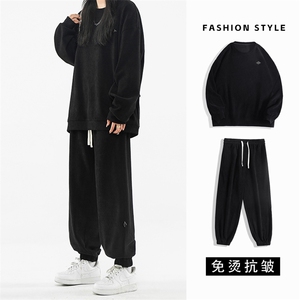 秋季潮牌宽松条绒圆领卫衣套装休闲阔腿卫裤两件套TZ832-特批98图片