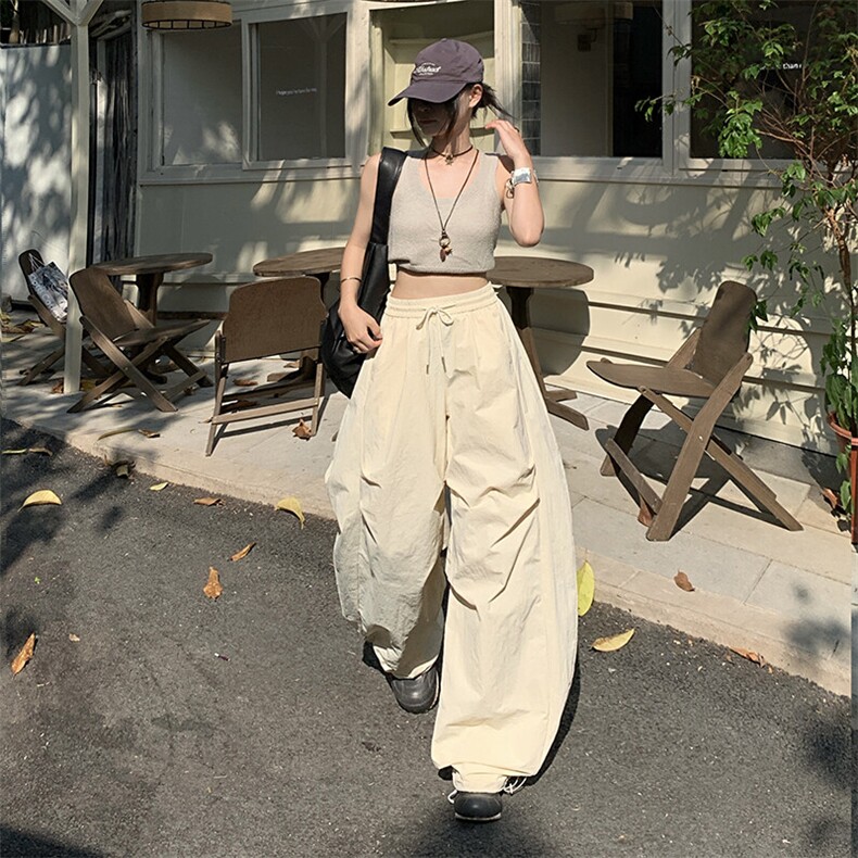 白色速干弯刀阔腿裤女夏季轻薄美式hiphop裤子宽松高腰显瘦伞兵裤,男装工装外套,星座509