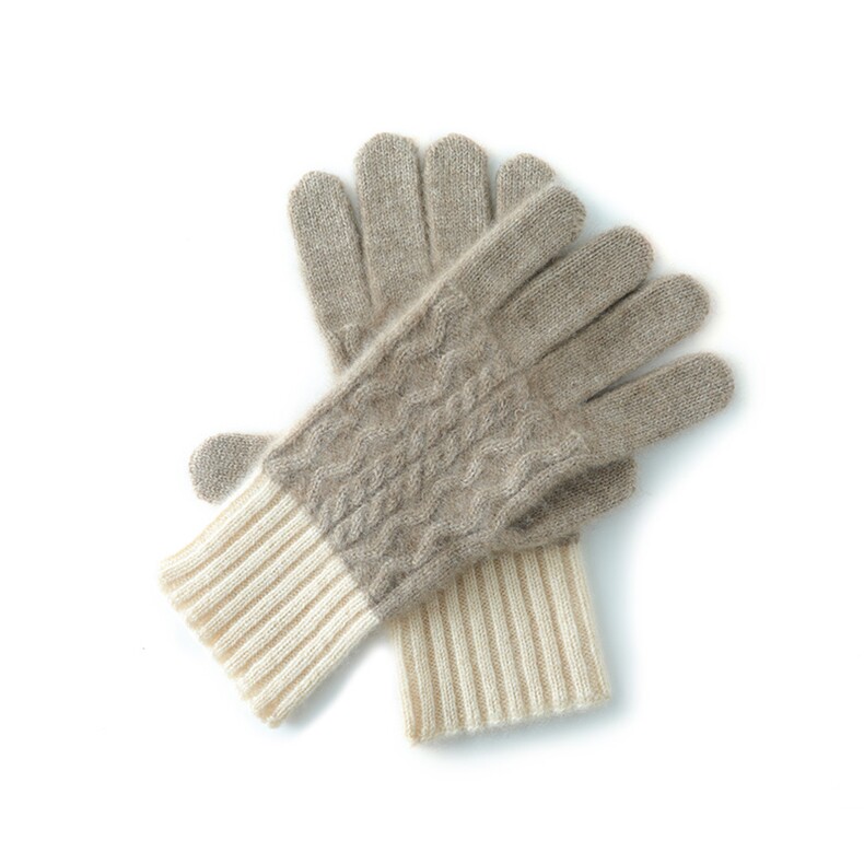 秋冬季35%羊绒保暖舒适无压感拼色绞花手套，手套，轩妮羊绒