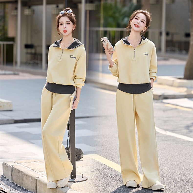 连帽卫衣阔腿裤套装女早春季2026新款时髦洋气拼色休闲运动两件套，女装套装/套裙，丽影随形