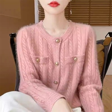 2025春新款羊毛开衫女羊毛外套加厚圆领羊毛针织衫长袖上衣，女装针织衫/毛衣，伟泽羊绒