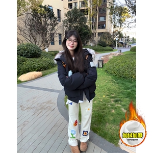 抖音得物高品质秋冬季重磅花卉刺绣潮流运动宽松加绒直筒休闲卫裤图片