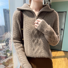 半开领拉链加厚100%纯羊毛衫女菱形扭花针织衫毛衣宽松羊毛衫上衣，女装羊毛衫，美轩羊绒