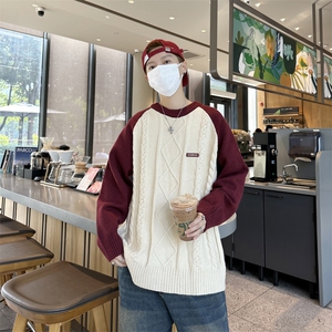MY320-P46美式宽松型拼色麻花圆领毛衣图片