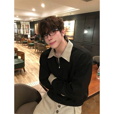 1506/QY5060/P67时髦拼接条纹假两件翻领卫衣款套头宽松时尚卫衣，男装卫衣，星座1506