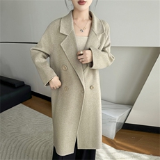 2025年秋季新款百搭女士POLO领单排扣长袖中长款大衣，女装双面呢大衣，鹿展羊绒大衣