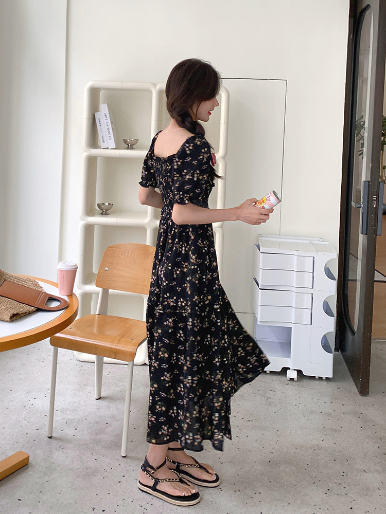 黑色茶歇法式碎花连衣裙女2025年夏季新款高级感收腰显瘦开叉长裙,女装连衣裙,浪娴服饰