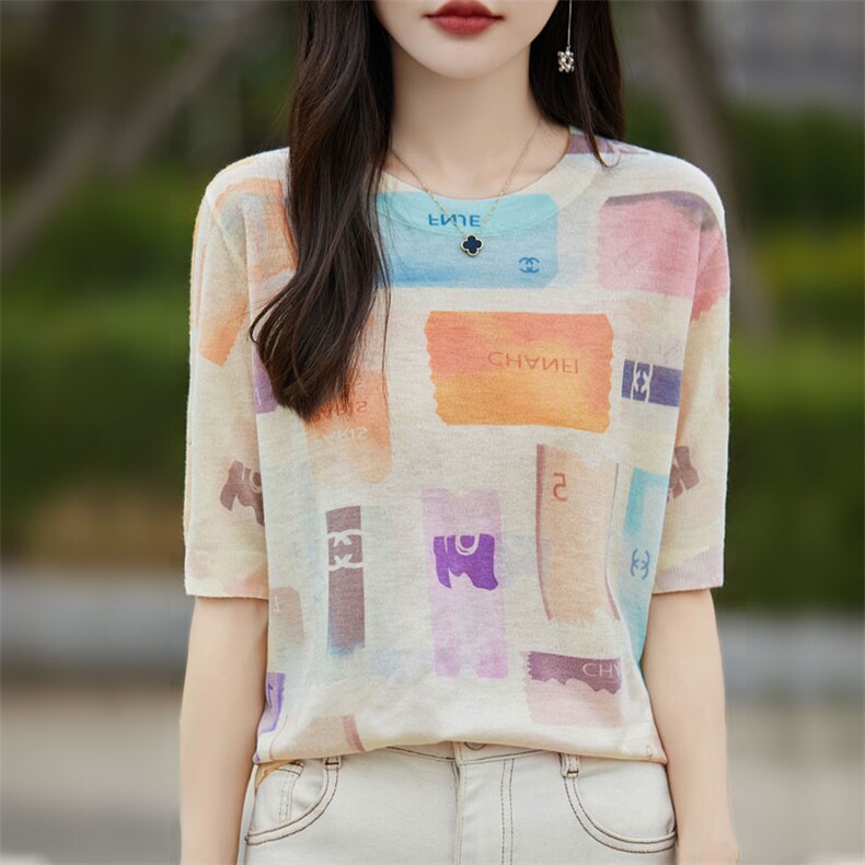 夏新款精纺水溶羊毛半袖女T恤圆领拼色印花短袖针织打底衫上衣薄，女装羊毛衫，暖烁羊绒