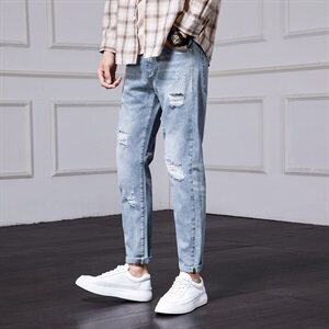 2021新款夏装破洞牛仔裤潮男九分裤韩版休闲乞丐裤子男图片