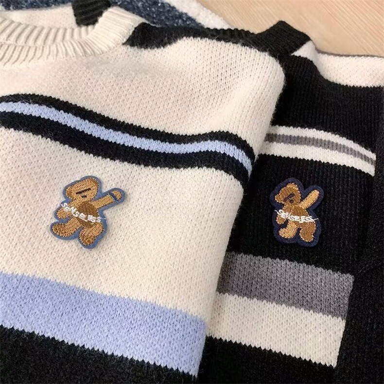 加绒加厚冬款男女圆领条纹毛衣刺绣针织衫宽松线衣外套MA2P45,男装针织衫/毛衣,星座1013-1