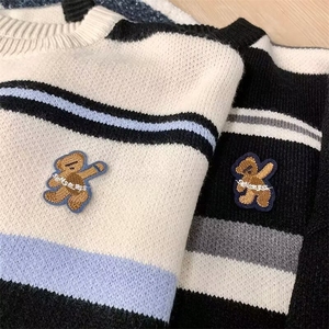 加绒加厚冬款男女圆领条纹毛衣刺绣针织衫宽松线衣外套MA2 P45图片