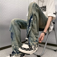 渐变色牛仔裤男潮欧美高街裤小众设计感复古排扣工装裤RK507-P57，男装牛仔裤，星座412