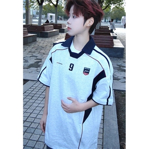 男装夏季新品美式球衣运动衣服翻领POLO衫男宽松拼接T恤 T7506图片
