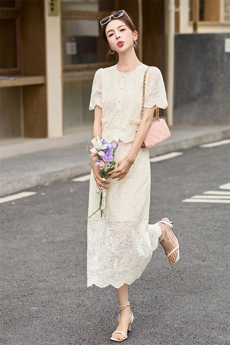 小香风米白色蕾丝套装连衣裙女2026夏季新款气质短袖半身裙两件套,女装套装/套裙,美沁