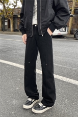 春季美式高街牛仔裤男显瘦微喇直筒休闲拼接铆钉拉链长裤KZ027P65，男装牛仔裤，电商B312