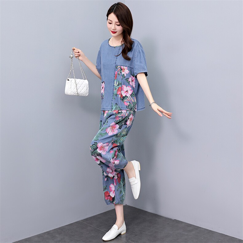 现货！！印花天丝牛仔套装女2024夏季新款气质洋气时尚优雅两件套,女装套装/套裙,涵墨