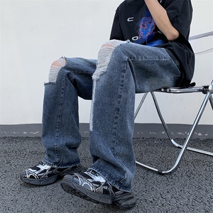 街头破洞设计感小众牛仔裤男女ins潮牌高街宽松直筒裤子80344-p45图片