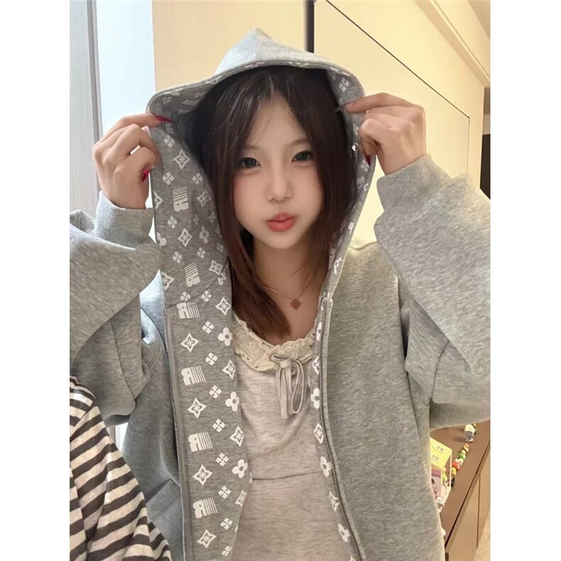 美式高街水洗做旧卫衣女春季2025新款春秋款宽松连帽开衫拉链外套，女装短外套，星座1210-1