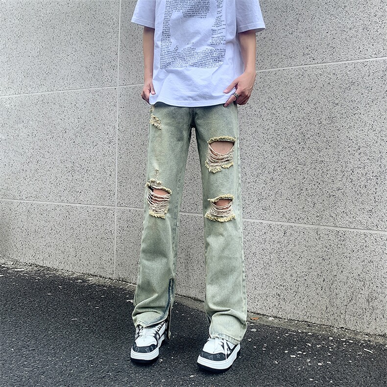 现货夏季修身vibe美式高街破洞黄泥染拉链牛仔裤男K822-K823-P55,男装牛仔裤,星座205