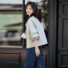 时尚拼色翻领短外套女2025秋季新款格纹拼接宽松休闲百搭夹克上衣，女装短外套，唯婧