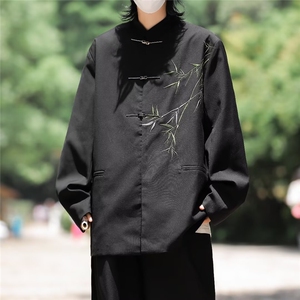 新中式男装风翠竹刺绣垫肩西装男改良中山装上衣 W28图片