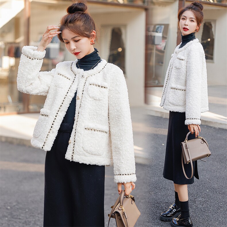 短款毛毛外套女秋冬2023新款宽松显瘦单排扣小香风上衣，女装羊羔毛/颗粒绒，曼娅璐