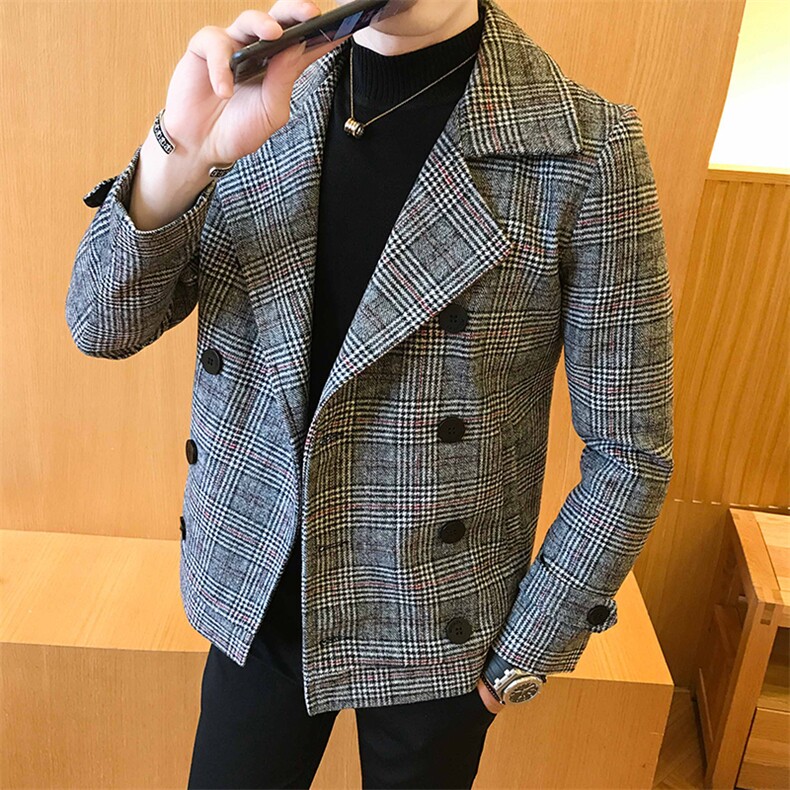 秋冬短款格子双排休闲毛呢大衣,男装毛呢大衣,星座407-1