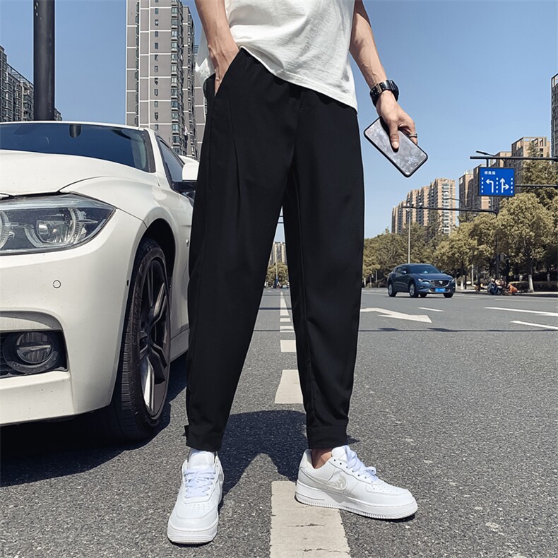黑色2023秋装精神小伙九分裤男青年冰丝裤束脚裤潮K120-P38控58,男装休闲裤,电商A108