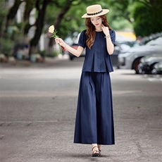 春夏设计感捏褶泡泡袖气质减龄短袖上衣阔腿裤休闲通勤套装女，女装套装/套裙，水衣源