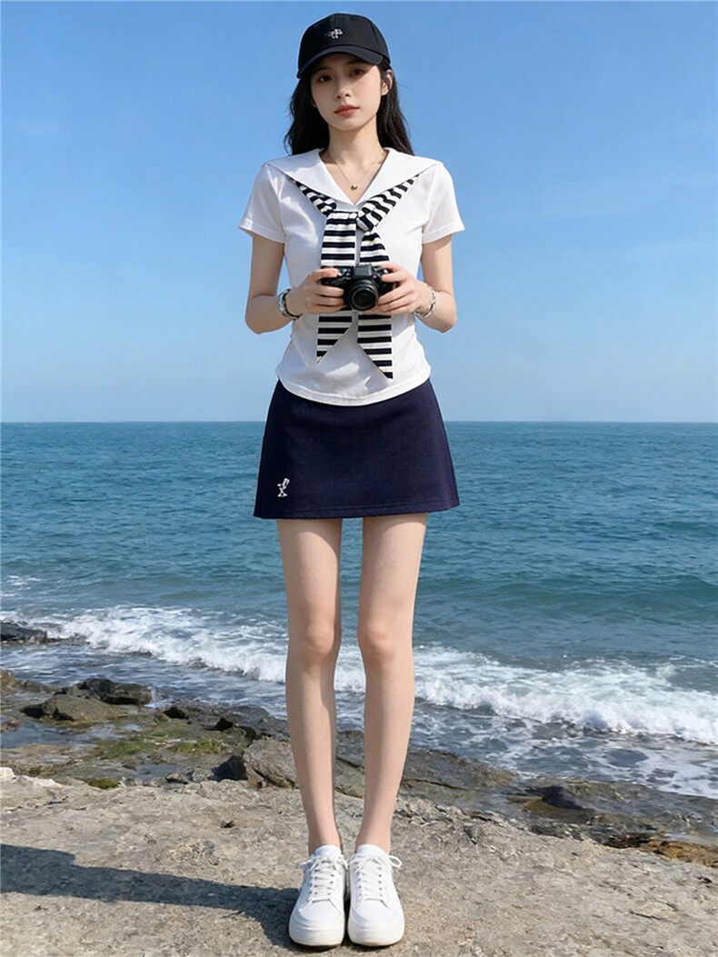女夏时尚洋气套装裙修身减龄翻领设计感甜美蝴蝶结短袖短裙两件套,女装套装/套裙,江南