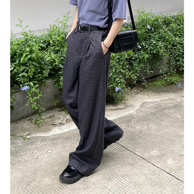 现货高品质老钱风美式弯刀阔腿裤薄款泡泡格纹男女长裤,男装休闲裤,星座610A-1