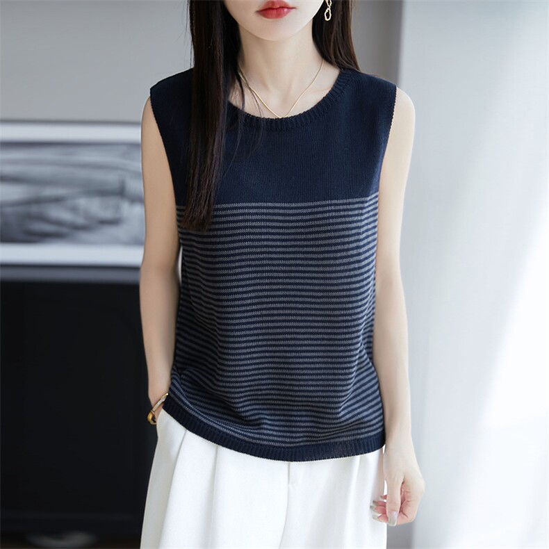 天丝亚麻针织吊带背心女2025夏内搭无袖简约条纹T恤圆领百搭上衣图片