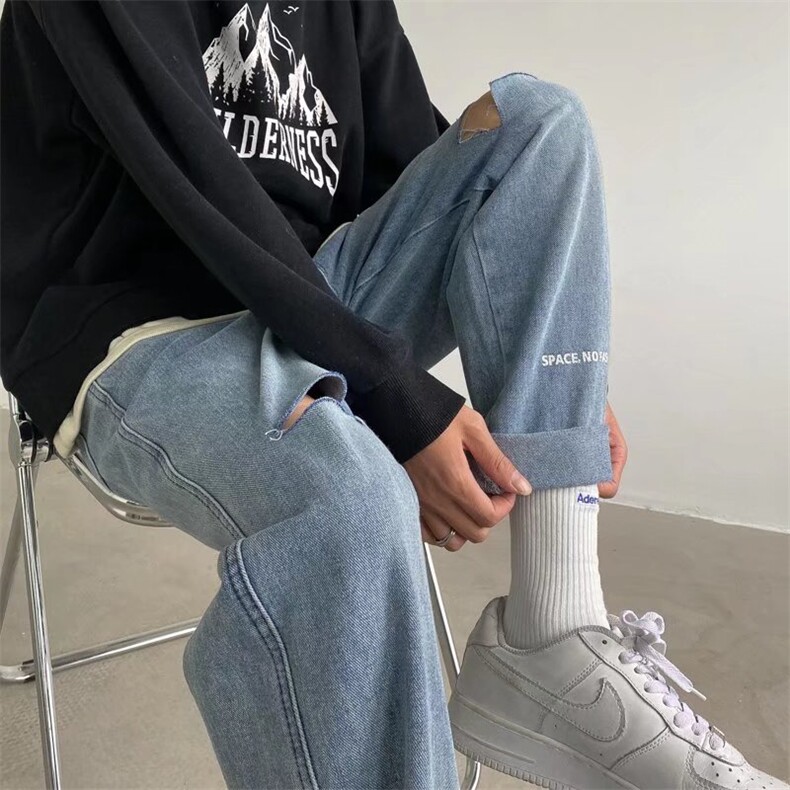 破洞牛仔裤男潮牌春季新款潮九分宽松大码直筒裤NK11P38,男装牛仔裤,星座1116-2