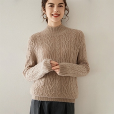 35%羊绒衫女宽松半高领短款加厚保暖绞花针织2024年秋季，女装羊绒衫，轩妮羊绒