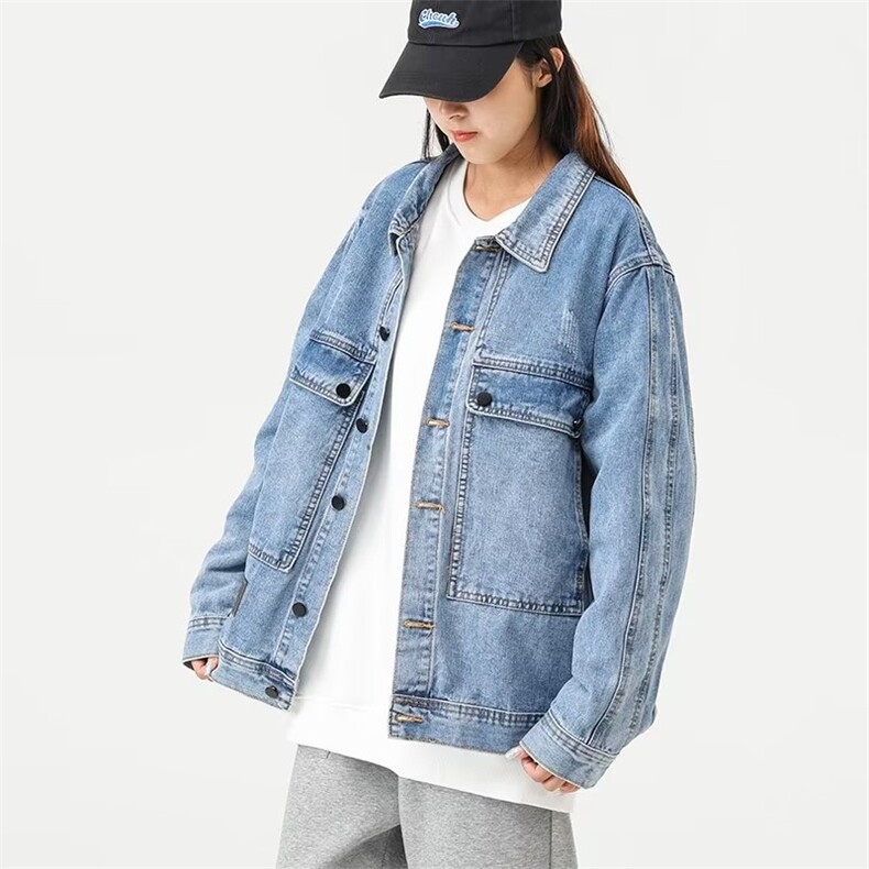 春款男女牛仔夹克工装口袋中性风贴标外套大码M-4XLJK009P60,男装夹克,星座1013-1