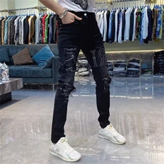 耐磨潮牌夏季新款高街破洞牛仔裤男士补丁字母刺绣修身小脚裤弹力，女装牛仔裤，星座506A