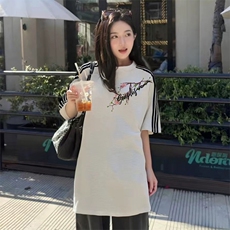 抖音得物品质二开240克宽松纯棉美式潮牌印花三条杠中性风短袖T恤，男装T恤，电商A486