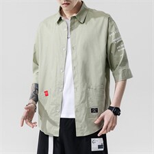 2021夏季新日系大码男无影墙个性印花绣标宽松七分袖衬衫C553-P40，男装衬衫，电商A001
