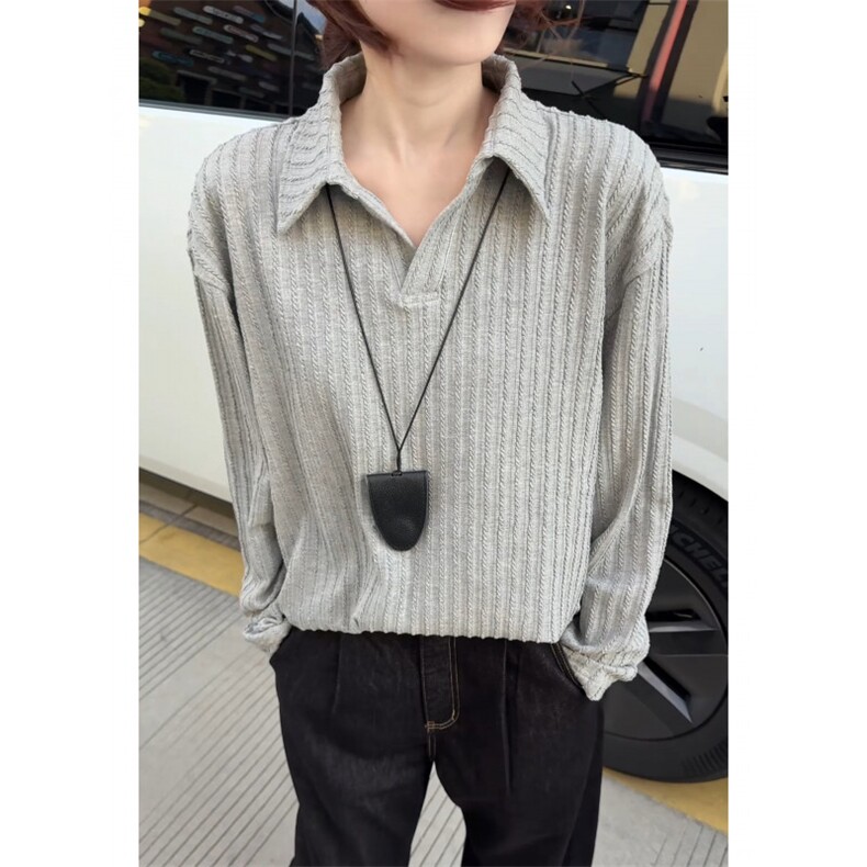 网图老钱风舒适慵懒麦穗纹针织POLO衫秋季高级感V领长袖T恤特P28，男装Polo衫，电商C306-1