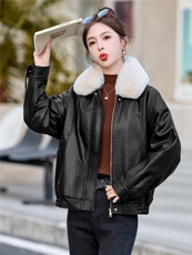 2025年冬季新款现货时尚潮流加绒保暖皮衣外套（毛领可脱卸），女装皮衣，臻衣坊