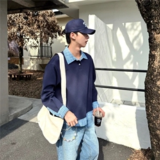 复古假两件拼接格纹Polo长袖男女学院风套头衫上衣卫衣WYW09，男装卫衣，星座516A
