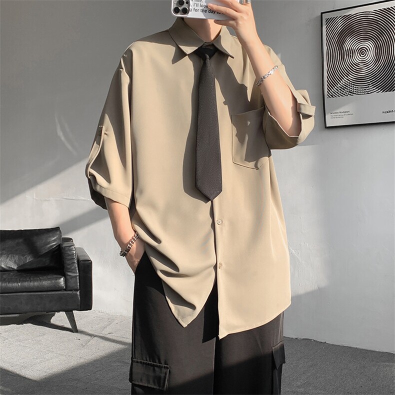 M-8XL领带衬衫短袖特大码垂坠感夏季冰丝外套DK制服衬衣DC5005P45,男装衬衫,电商B238