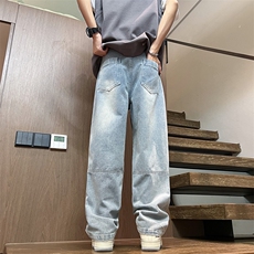 2024港风复古宽松磨白牛仔裤休闲百搭长裤牛仔裤K24125-P55，男装牛仔裤，星座717