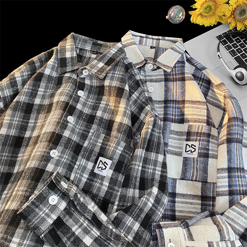 25年春季格子衬衫长袖大码宽松落肩现货DS-C323-1-2210-特批35，男装衬衫，电商C323-1