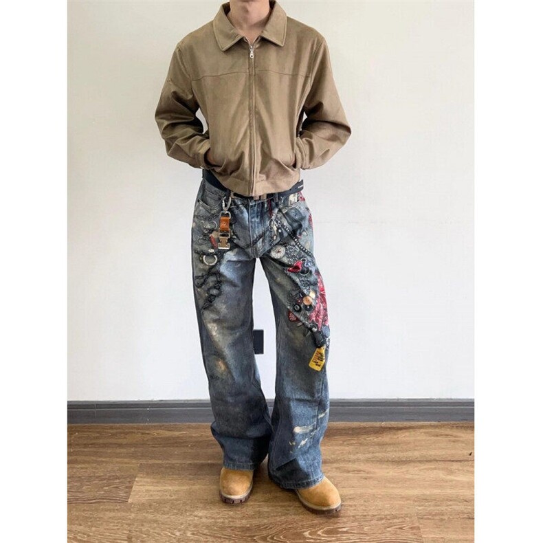 CP1236-P563D立体数码印花裤链水洗泼墨做旧复古阔腿直筒牛仔,男装休闲裤,电商B323A