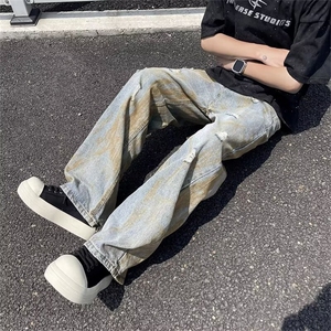 美式复古dirtyfit锈迹黄泥牛仔裤宽松直筒做旧破洞高街潮牌阔腿裤图片