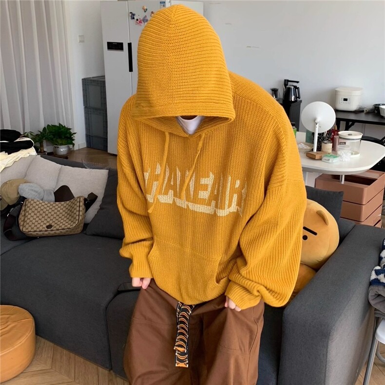 复古字母印花咸蛋黄色连帽针织毛衣女男秋季百搭慵懒宽松外套MY08,男装针织衫/毛衣,星座516A