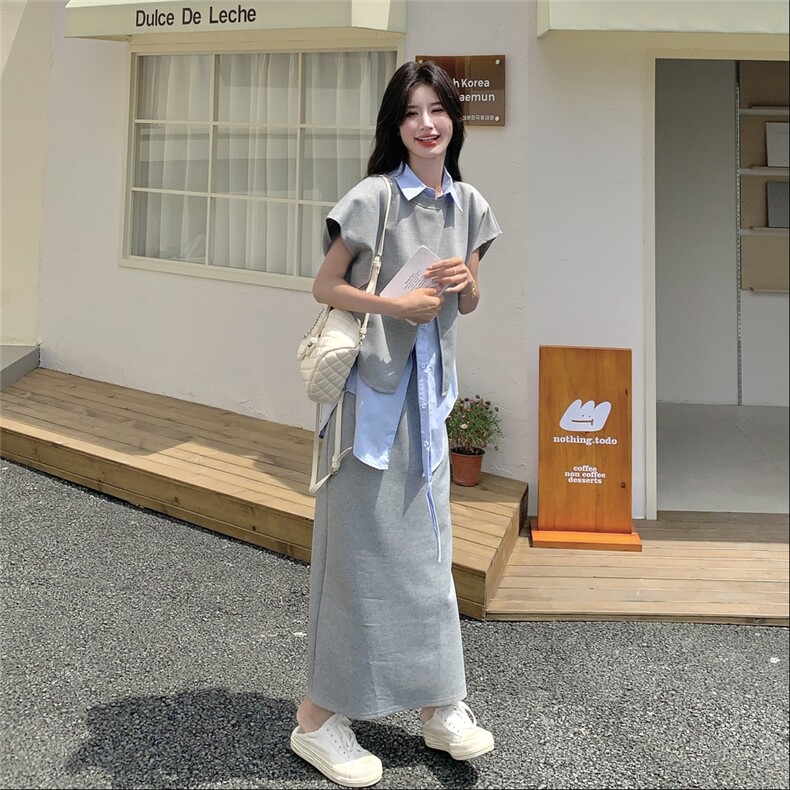 韩系设计感小众套装裙女2025夏季新款叠穿不规则衬衫半身裙三件套,女装套装/套裙,2C133